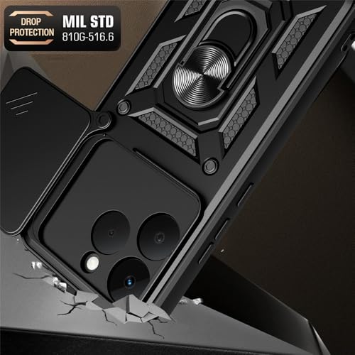 Image of Heavy Duty Back Case Cover for Realme 15T 5G, Shockproof Realme 15T Back Cover, Ring Case with Kickstand and Camera Protection Shutter - Black