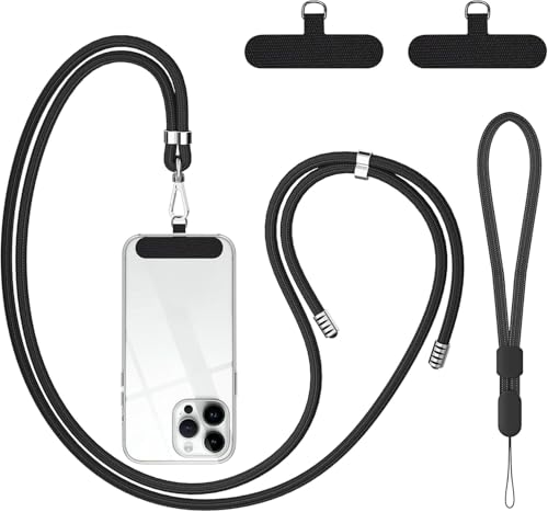 Image of takyu Cell Phone Lanyard, Crossbody Phone Lanyard 1 Pack Adjustable Neck Strap and 1 Pcs Phone Wrist Strap with 2x Phone Tether Patches for Most Smartphones-Black
