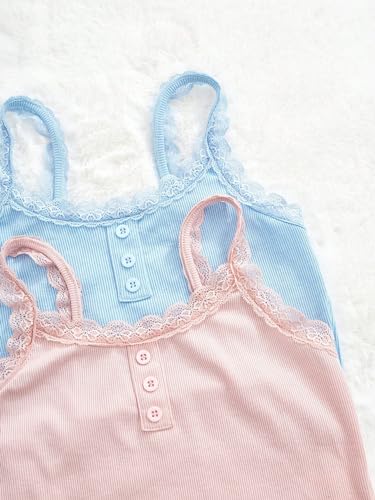 Milumia Girl's 2 Pack Cute Lace Trim Ribbed Camisoles Button Front Cami Crop Tops3