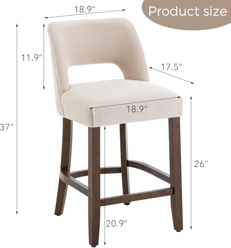 Image of VKNOW Bar Stools Set of 2, 26 inch Upholstered Counter Height Bar Stools, Modern Counter Stools with Wood Legs for Kitchen Island Dining Room Bar, Beige