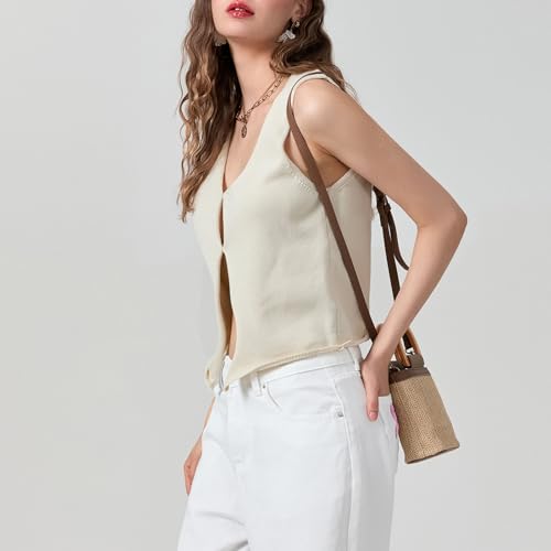 Image of Crochet Knitted Vest for Women Vintage Y2K Hollow Out Button Down Cardigan Retro Crochet Knit Tank Vest