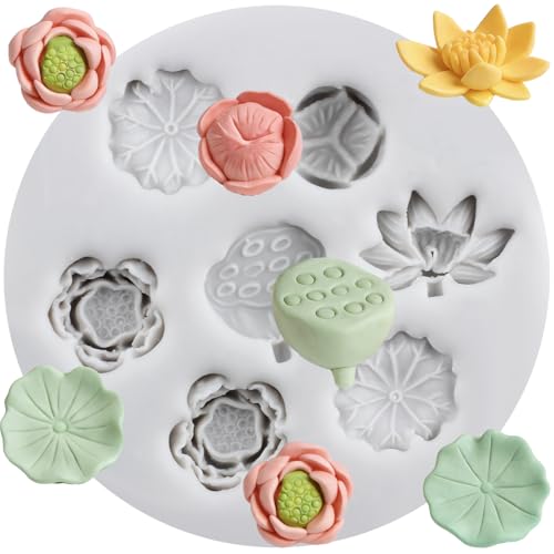 Lingzhi Lotus Flower Fondant Molds Lotus Leaf Silicone Mold Lotus Root Chocolate Molds for Cake Decoration Cupcake Topper Candy Sugar Craft Gum Paste Polymer Clay