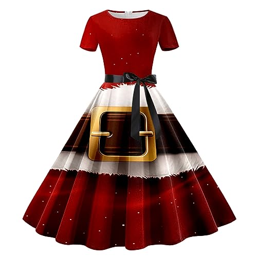 Generisch Weihnachtskleid Damen Große Größen, Nikolaus Kostüm Damen, Kleid Plus Size Xmas Schöne Shortsleeve Abendessen mit Gürtel Tailliertes...