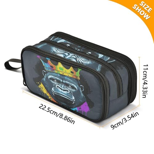 Image of Gorilla with Crown Pencil Case Box Boys Girls Large Pencil Pouch with Zipper Compartments Big Capacity Stationery Pen Bag Organizer for Kids Teens Adults School