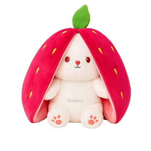 Image of Rabbit with Chain Reversible Strawberry Bunny Pink Soft Toy for Girls Boys Kids, Zipper Animal Stuffed Baby Teddy Gift Birthday, 20 cm