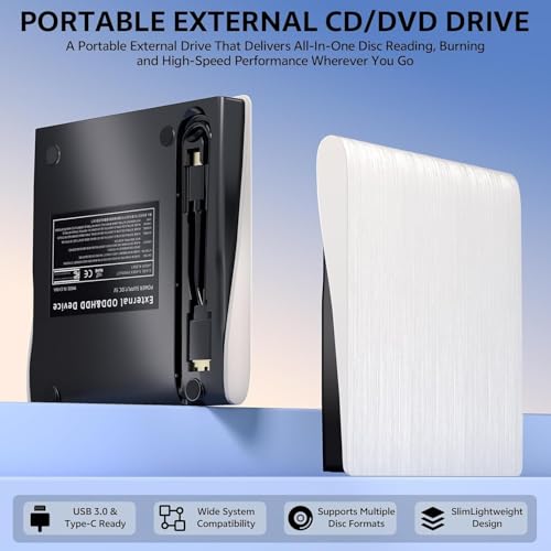 Image of External CD DVD Drive Player, USB 3.0 USB-C Portable CD DVD + /-RW Disk Drive Burner CD-ROM Reader Writer for Laptop Desktop PC (2 in 1 DVD Writer - White)