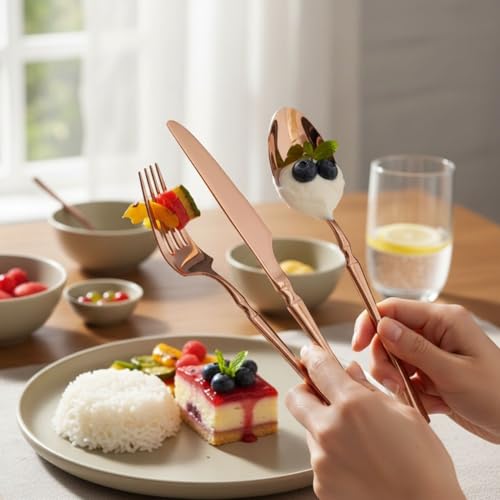 Image of 30 Pcs Rosegold Cutlery Set for Dining Table the Perfect Lightweight Silim Handle Tableware Including Dinner Spoon, Dinner Fork, Dinner Knife, Dessert Spoon & Dessert Fork