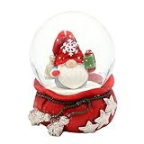 ***Schneekugel Weihnachtswichtel mit Geschenk auf rotem Sockel mit Sternen, L/B/H/Ø Kugel 6,8 x 6,8 x 9 cm Ø 6,5 cm