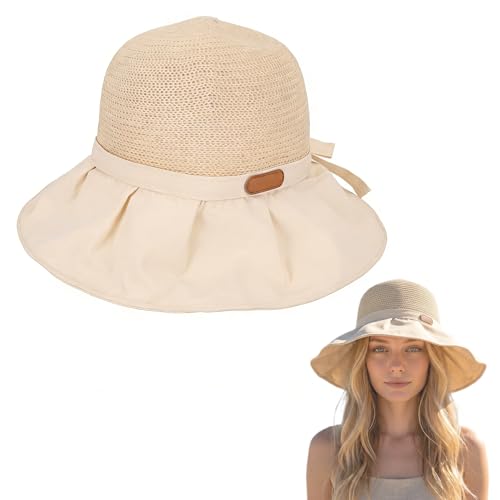 Sun Hats for Women UK Bucket Sun Hat with Wide Brim Womens Sunhats for Camping Comfortable and Versatile Ladies Sunhat with Bowknot Summer Packable Hats for Women Outdoor UV Protection (Beige)