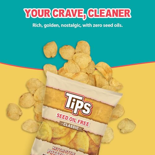 Image of TIPS Potato Chips - Snack Pack - Tallow Cooked - Seed Oil Free & Gluten Free - Kettle Style Potato Chips Made with Potatoes, Beef Tallow, and Sea Salt (5oz 4 Pack, Sea Salt)