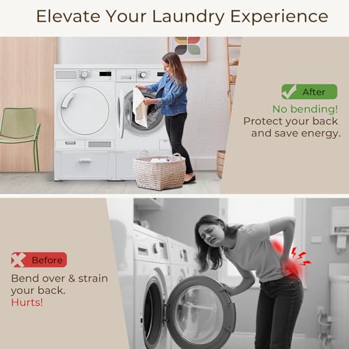 Image of SKM Washer and Dryer Pedestal with Drawer, Laundry Pedestal for Washer and Dryer Stand, Heavy Duty Steel Washing Machine Stand Height Raiser (2, white, 28 inch W x 29 inch D x 14 inch H)