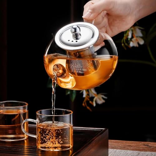 Image of Tea Pot - Glass Kettle for Gas Stove 600Ml - Borosilicate Glass Teapot with Stainless Steel Infuser, Heat-Resistant, Drip-Free Spout, Ideal for Loose Leaf & Blooming Tea, Golden Brew