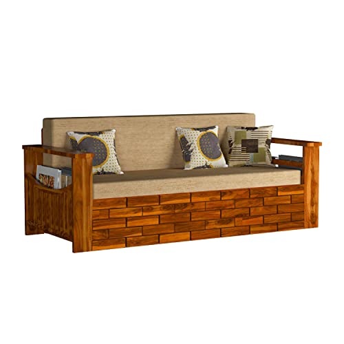 Image of Solid Wood Italian 3 Seater Sofa Cum Bed for Living Room | Three Seater Sofa Bed for Home | Sofa Com Bed | Sheesham Wood,Natural Finish Beige Cushion,3-Person Sofa