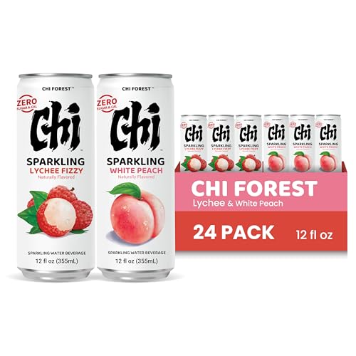 CHI FOREST Sparkling Water Beverage, Lychee &amp; White Peach, 2 Flavors, Zero Sugar, 12 fl oz Cans (Pack of 24)