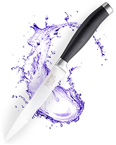 Sabatier Professional Serrated Utility Kitchen Knife - 5in/12cm Taper Ground Stainless Steel Blade, Matt Black Rubberised Comfort Handle. Sharp for Longer, Lifetime Performance 25yr Guarantee