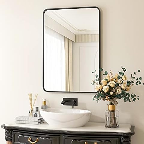 HARRITPURE Rounded Bathroom Mirror 20“ x 28” Rectangular Wall Mirror Aluminum Alloy Frame Contemporary Hanging Mirror for Living Room Bedroom Bathroom Entryway, Black Cover