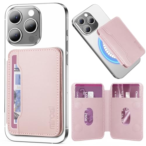 Miroddi for Magsafe Wallet, Ultra-Thin Leather Magnetic Phone Wallet Compatible with iPhone 17/16/15/14/13/12 Series, Magnetic Back of Phone Card Holder Fit 5 Cards 2 Bills, RFID Blocking, Pink