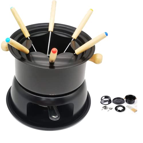 Juego de ollas para fondue de acero al carbono, multifuncional para fusionar fondue helado, chocolate, queso, set con 6 tenedores de fondue codificados por color (negro)