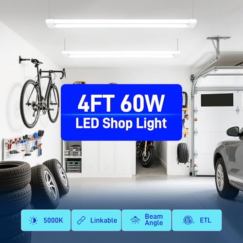 Image of hykolity 4FT 60W LED Shop Light,6500LM[450W Equivalent] 5000K Daylight | Plug-in Utility Linkable Shop Lights for Garage Workshop Warehouse Basement, Ceiling Hanging or Surface,White,4 Pack