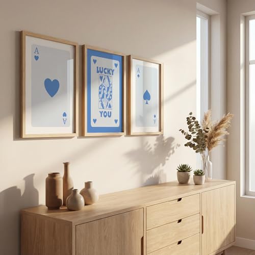 Image of NoWorries Modern Blue Playing Cards Wall Framed Painting Set | Lucky Card Art and Ace of Hearts Prints | Premium 300 GSM Paper Print with Synthetic Wooden Frame | Aesthetic Wall Decor for Hotel, Cafe, Bar, Living Room & Bedroom (Pattern-illustration) (Set of 3) (NATURAL, ART-6, 10X13INCHES)