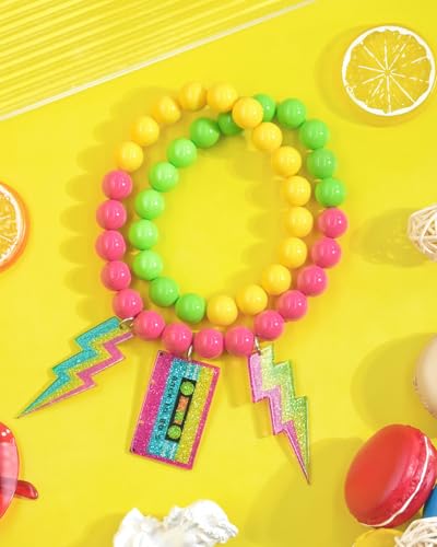 Ronglry 80s Outfits Costume Accessories for Women 80s Necklace Neon Beaded Necklaces for Glow Party Beads Necklaces with Lightning/Tape Neon Jewelry for Women 80's Party Decorations Favors3