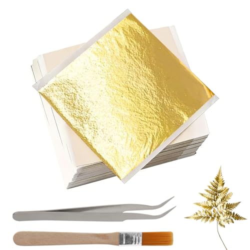 Realjoy 200 Hojas de Pan de Oro para Manualidades, Lámina de Oro de 13,5 X 13Cm con Pinzas y Pinceles, Papel Dorado para Decoración, Pintura y Manualidades, Uñas