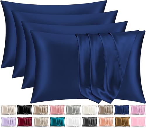 Pamposh Satin Silk Pillowcases For Hair And Skin 4 Pack Standard Size with Envelope Closure (4 Pcs Pillowcases (50 x 75 cm), Navy)