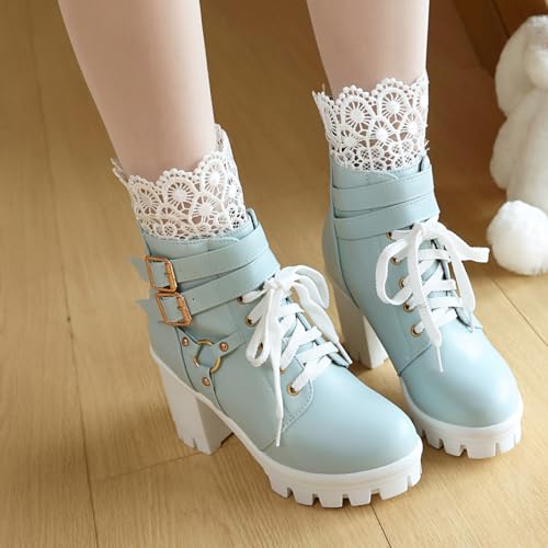 Image of BEAUPAS Women's Gothic Lace Up Platform Ankle Boots Buckles | Buckle Strap, Chunky High Heel, Lace Cuff Top, Platform Combat Boots, Women's Footwear
