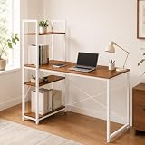 牧小苫＼ｍｓｍｒ パソコンデスク ラック付き 幅120×奥行60cm 左右入替可能 収納付き 省スペース PCデスク 学習机 テレワーク オフィス用 木製 組立簡単（ホワイト脚×ブラウン天板）