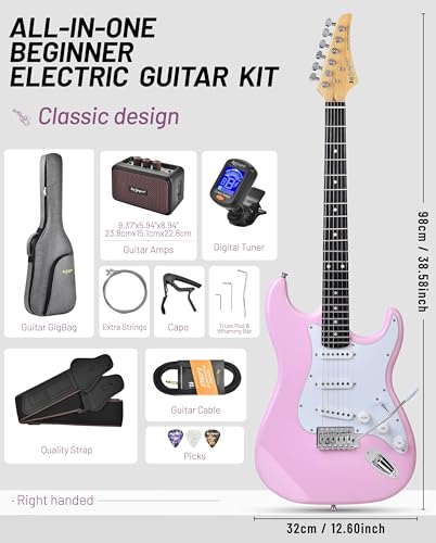 Image of Leo Jaymz Beginner Electric Guitar 39 inch Kit with Portable Amplifier, Padded Gig Bag, Digital Tuner，Capo，Strap，Picks，Classic SSS Pickups (Pink)
