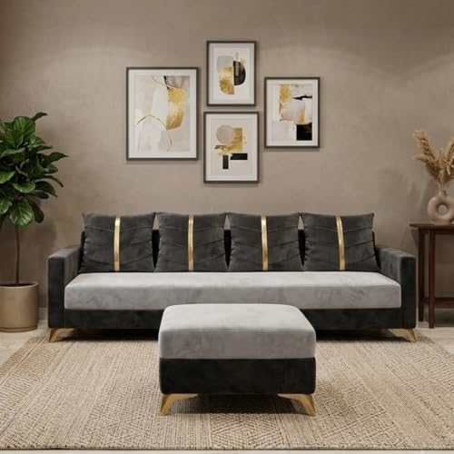 Image of Caviar 5 Seater L Shape Sofa Set with Movable Ottoman | Flexible Layout | Luxury Velvet Suede Fabric | Modern Living Room Sofa | Dark Grey-Light Grey