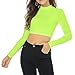 LONGBIDA Women's Long Sleeve Mock Neck Pure Soft Thin Sexy Stretch Crop TOP T Shirt(Neon Green,XL)