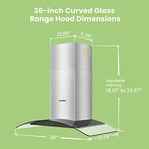 Comfee Curved Glass Range Hood 36 Inch 450 Cfm 3 Speed Gesture Sensing &Touch Control Panel Stainless Steel Kitchen Ductless/Ducted Convertible With Baffle Filters And 2 Led Lights (Cvg36W9Ast) #TOP7