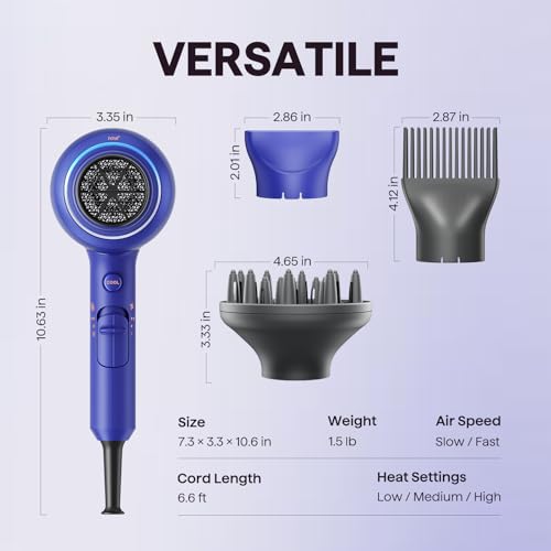 Image of Wavytalk Hair Dryer with Diffuser, Blown Away Ionic Hair Dryer for Curly Hair, 1875W Fast Drying Blow Dryer with Ceramic Technology, 3 Attachments for All Hair Types, Light and Quiet, Sapphire Blue