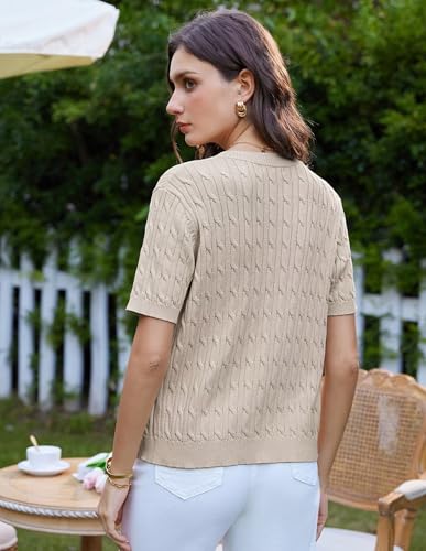 Image of GRACE KARIN Women's Short Sleeve Sweater Summer Open Front Cable Knit Cardigan Crewneck Button Up Knit Cardigans Jacket L Apricot