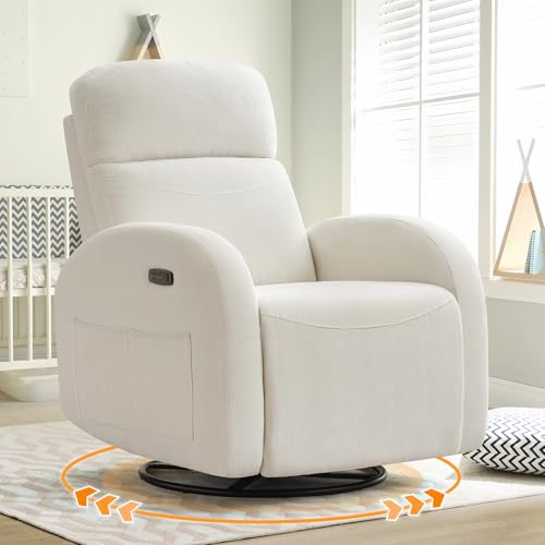 Image of Power Nursery Glider Recliner, Chenille Electric Rocker Recliner with Type-C & USB Port, Nursery Swivel Rocker Recliners with Double Pockets for Adult, Cream White