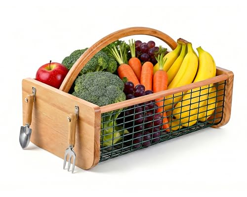 Garden Hod Harvest Basket - Durable Wooden Harvesting Basket with Metal Mesh for Vegetable Picking and Gathering Gardening Gifts Outdoor Farmhouse Picking Picnic