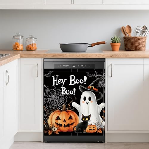 Image of Cute Ghost Dishwasher Covers for The Front Magnetic,Halloween Pumpkin Cat Refrigerator Magnets Decoration,Reusable Dishwasher Cover Panel for Home Kitchen Decor 23x26 Inch