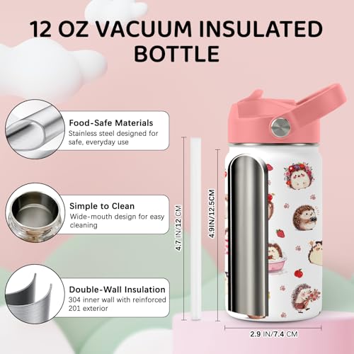 Image of Hedgehog Water Bottle for Son & Daughter, Stainless Steel Insulated Tumbler with Straw Lid and Handle, 12oz Reusable Leak-Proof Bottle for Sports
