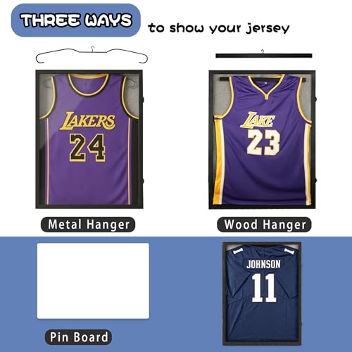 Image of Large Lockable Jersey Frame Display Case Wall Mount, T-Shirt Shadow Box with Clear UV-Protective Acrylic, Hangers Linen Backing for Football, Basketball, Baseball