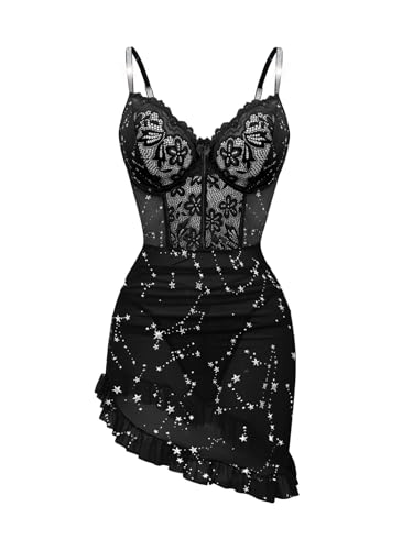Image of Foxiny Sexy Corset Bodycon Ruffle Sheer Underwire Mesh Lace Floral Outfits Babydoll Lingerie Set Dress with Thong 2 Piece