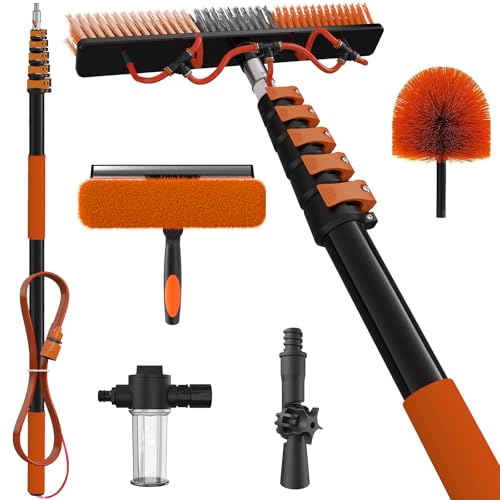 SKGPOLE 30Ft Reach Solar Panel Cleaning Brush Kit with 5-24ft Telescoping Pole Water Fed Window Cleaner Tool with 20 Brush Soap Dispenser Cobweb Duster Squeegee for Roof RV Gutter Boat Deck