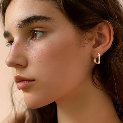 Gold Hoop Earrings for Women 14K Gold Earrings for Women Square Hoop Earring for Womens Square Shape with Rhombic Sculpture Womens Hoops Earring 20mm4