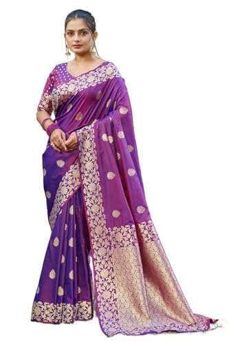 Image of SWORNOF Women's kanjivaram banarasi silk saree Zari Woven for festival Wedding silk with rich pallu Design sarees for women with Unstitched blouse piece