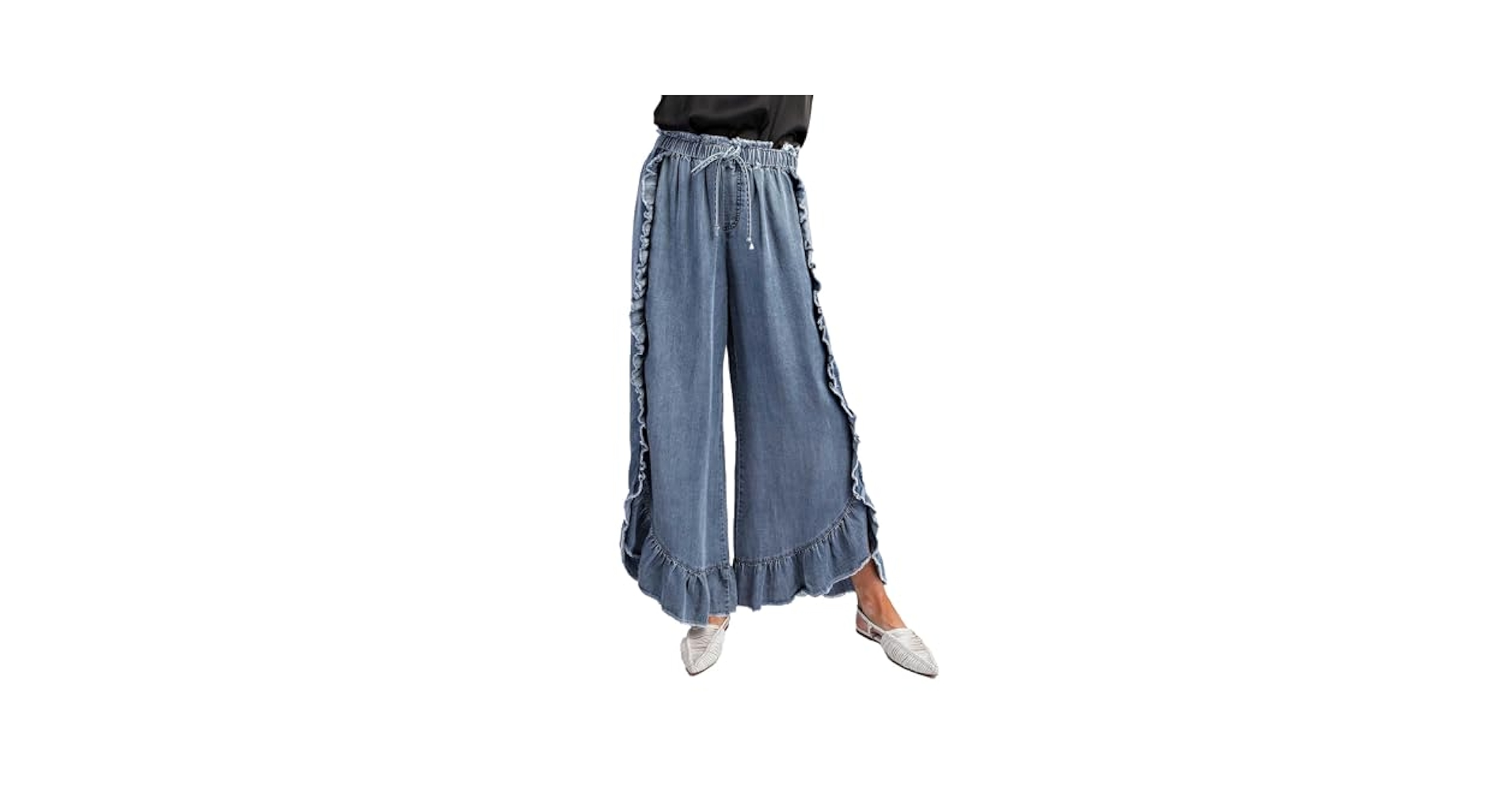 Easel Ruffle Denim Pants Washed Denim/S at Amazon Women's