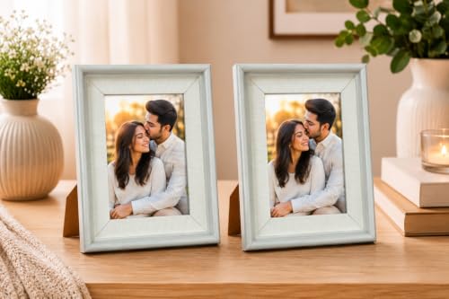 Image of 4x6 Inch Photo Frame Set of 2 - Acrylic Front Table Top Photo Frames with Stand, Dual Orientation Portrait & Landscape Display for Home Office Decor (textured white with light grey border)