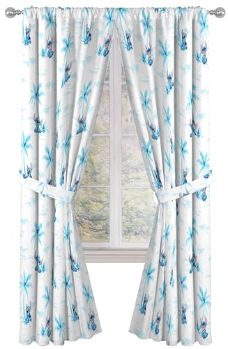 Jay Franco Window Curtains for Kids Bedroom 4-Piece Drape Set with 2 Tiebacks, White - Lilo & Stitch, 42