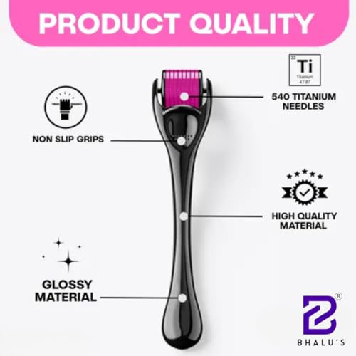 Image of BHALU'S Derma Roller 0.5mm for Face Acne Scars, Hair Regrowth, Skin Ageing | 540 Titanium Micro Needles | Reduces Fall, Stimulates Hair Follicles | Anti-Aging Scar Removal Treatment Facial Kit ( 1 Roller )