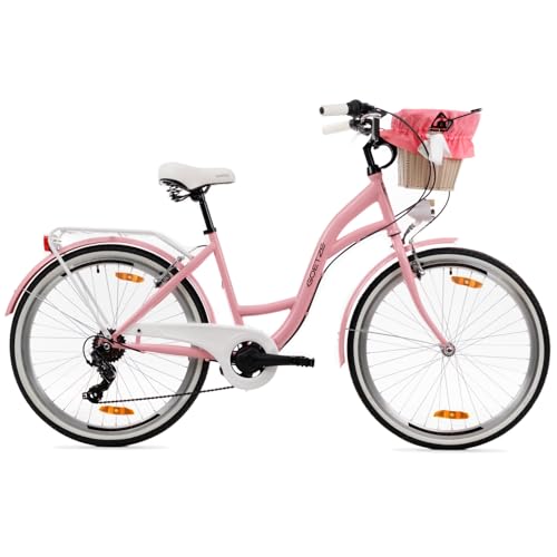 Goetze Mood 26 Zoll Jugendfahrrad, 17 Zoll Tiefeinsteiger Stahlrahmen, 6-Gang Kettenschaltung, doppelte V-Bremsen, LED-Beleuchtung, Rattankorb, Komfortsattel, mit Seitenständer & Klingel
