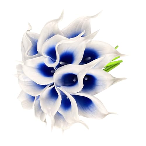 Wuudi 12 PCS Calla Lily Fake Flower Real Touch Wedding Home Kitchen Garden Office Party Decoration (Blue Core White)